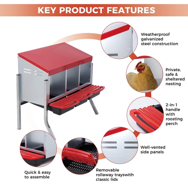 EDTara Metal Chicken Nesting Box Provides Sturdy Galvanized Steel Build and a Convenient Removable Roll-Out Tray, Ensuring Easy Egg Gathering and Cleaning for Backyard or Farm Poultry Setups