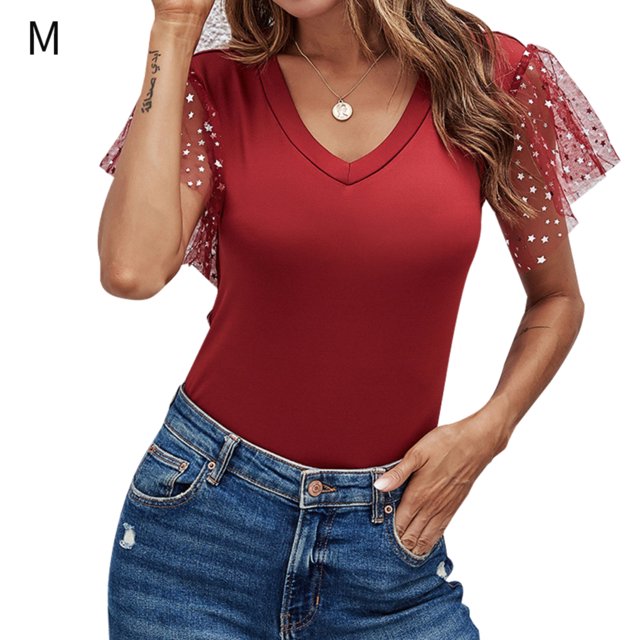 Camiseta de mujer Verano con cuello en V Gasa Lentejuelas Manga corta Camiseta casual, Rojo vino, M Noticed AP001323-14