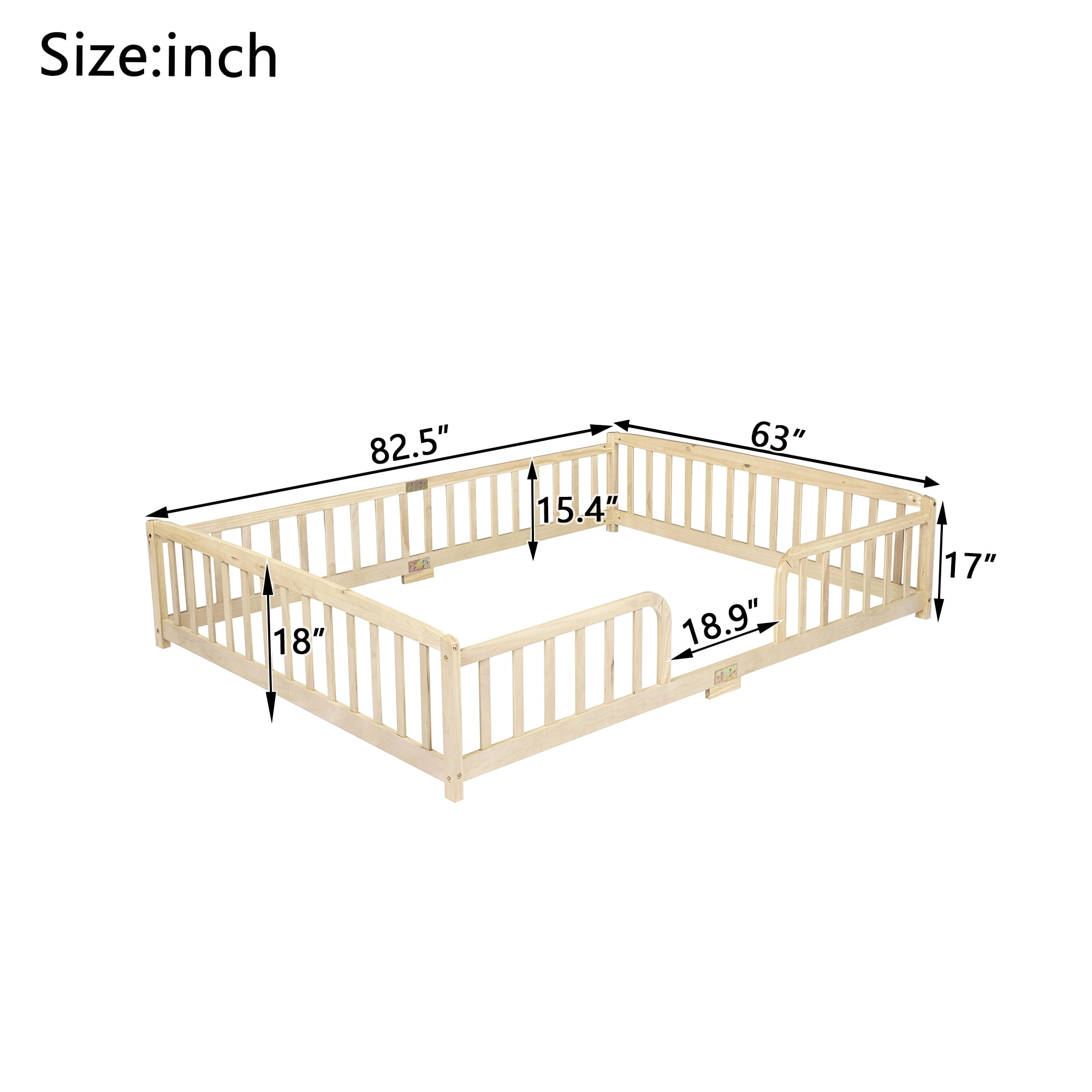 Miniyam Queen Size Kids Floor Bed with Guardrails, Low-to-Ground Montessori Wood Bed, Natural