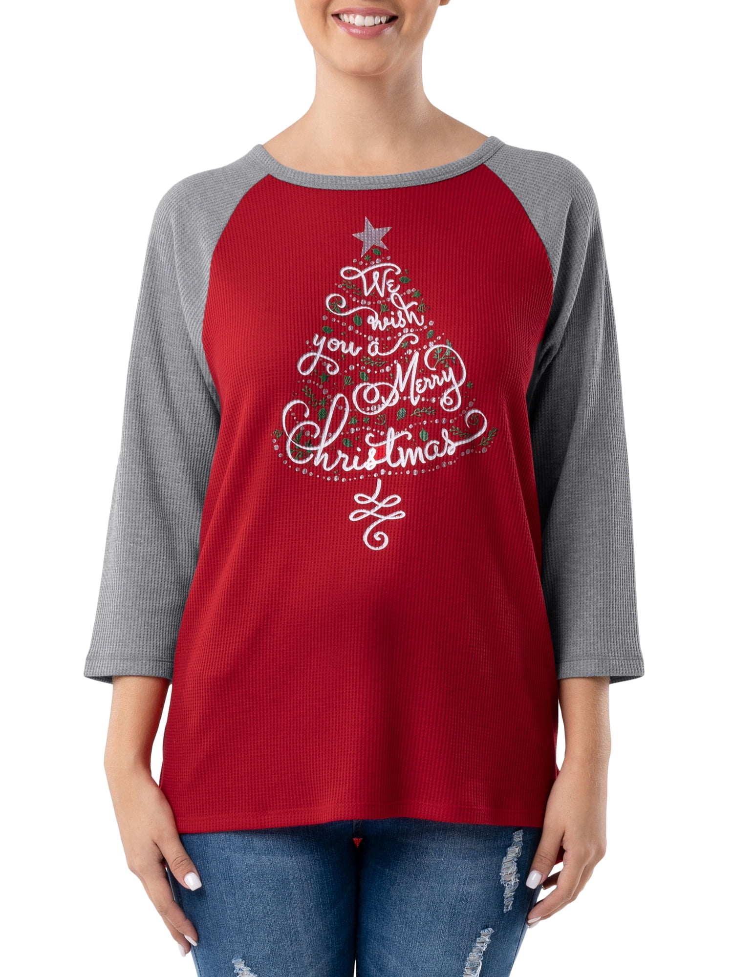 Holiday Time Women's and Women's Plus Christmas Raglan Long Sleeve Graphic T-Shirt