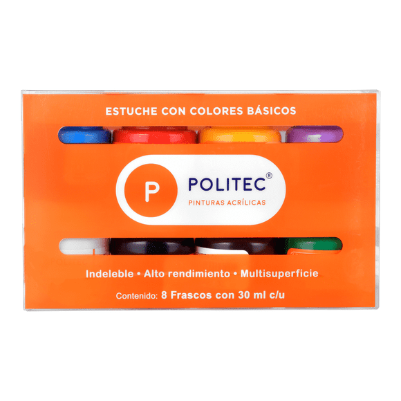 Paquete de Pintura Acrílica 30ml Colores Basicos 8 Pzs Politec