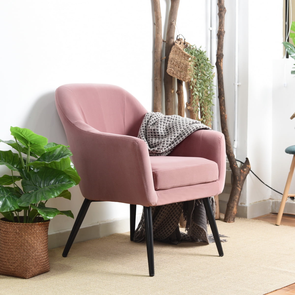 Furniture R Side Chair Mid Century Modern Accent Chair Fabric Thick Padded Arm Chair Pink