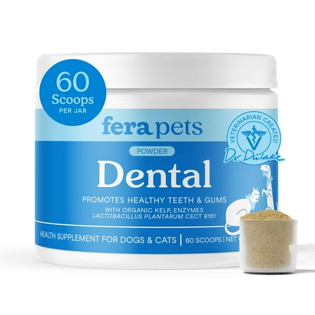 Fera Pets Cat & Dog Dental Powder - With Enzymes & Kelp - Supports Oral Health & Fresh Breath - 60 Scoops