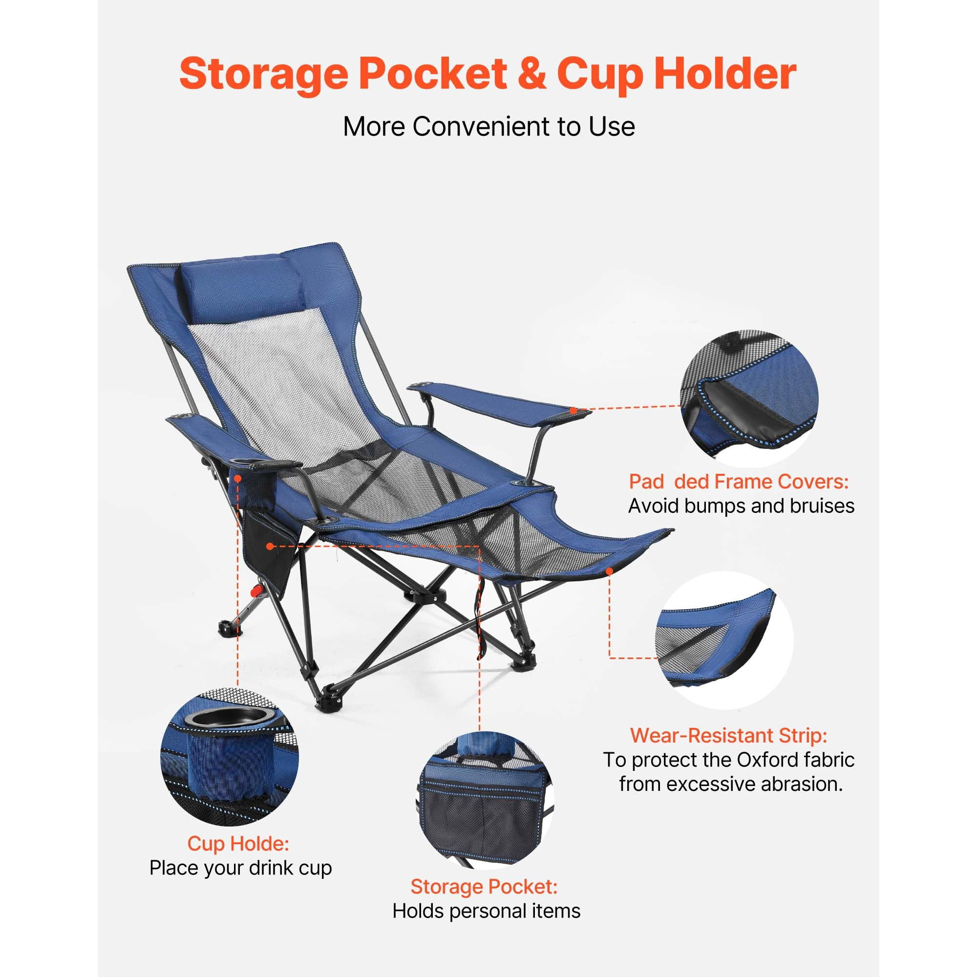 Foldable Reclining Lounge Chair 4-Position Adjustable, 220 lbs Capacity, Detachable Footrest, Cup Holder, for Camping Beach Patio