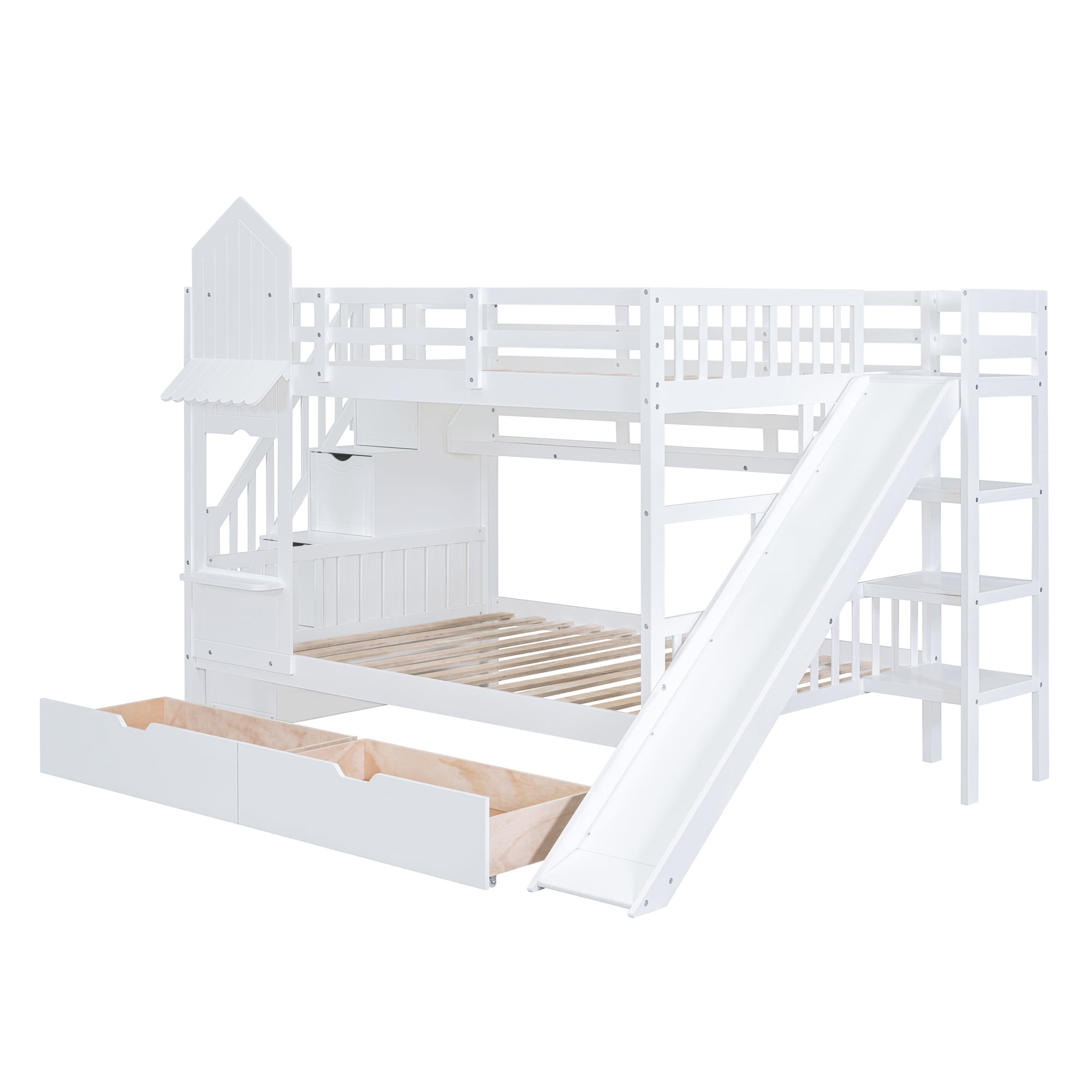 Full over Full Bunk Bed for Kids, Castle Style Bunk Beds with 2 Drawers, Slide and Storage Shelves, Solid Wood Bunk Bed Frame for Kids Girls Boys Teens