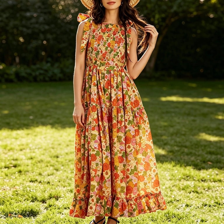 boho garden party dress Women's Boho Dresses Square Neck Floral Print Tiered Open Back Maxi Dress  with Tie Straps Flowy Breathable Vintage Garden Party Vacation Dress Orange  M