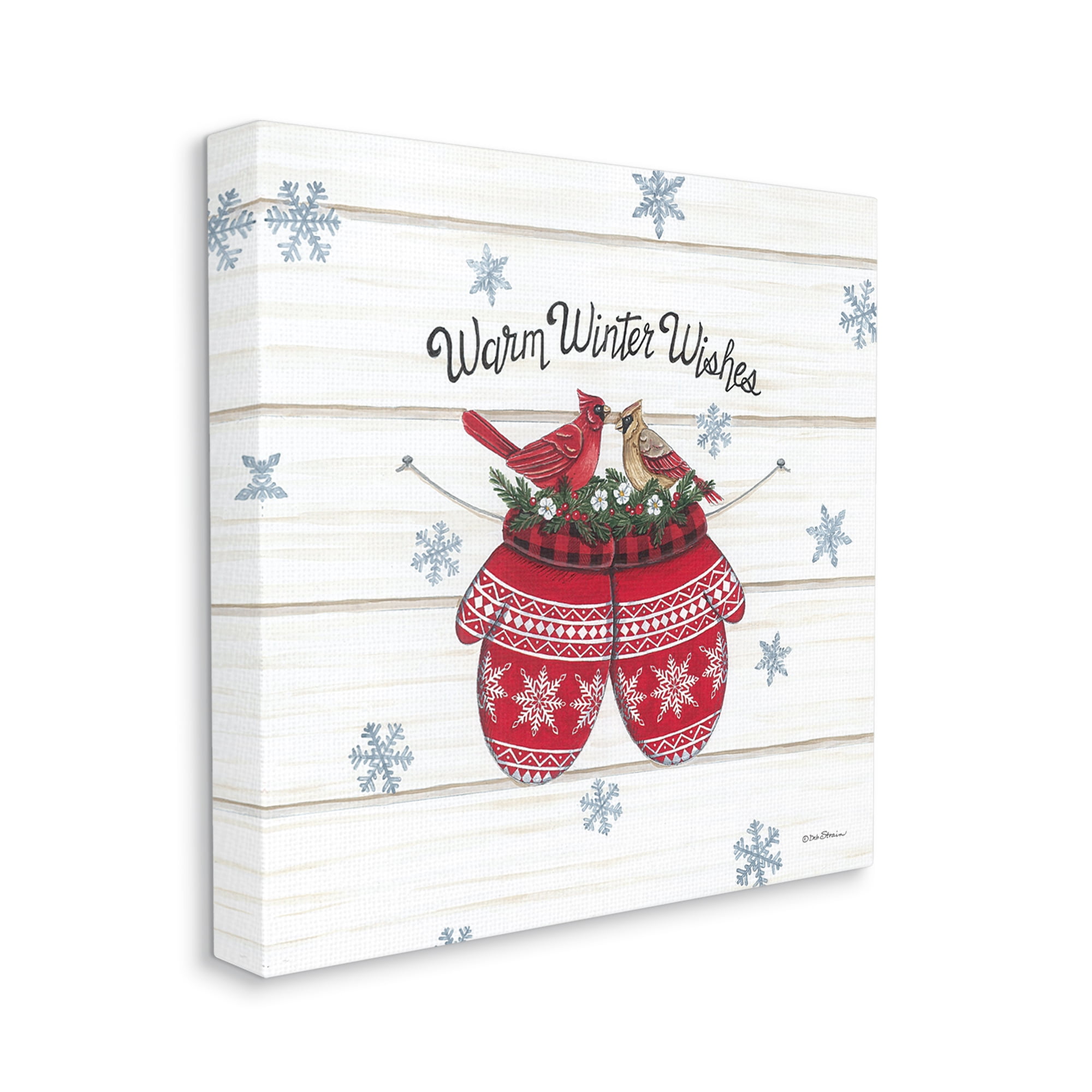 Warm Winter Wishes Cardinals Perched Festive Mittens Inspirational Graphic Art Gallery-Wrapped Canvas Print Wall Art