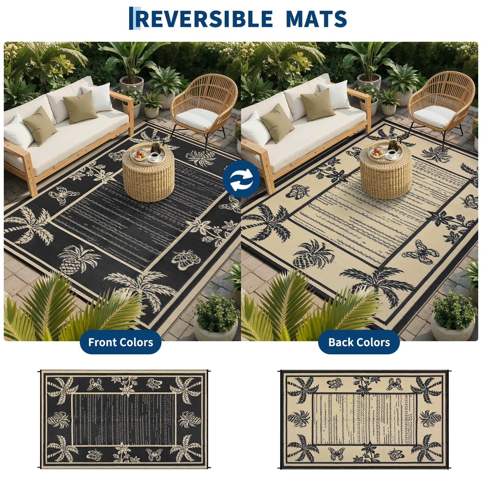 Nanan 9'x12' Outdoor Rug, Waterproof Reversible Patio Rug, Portable Foldable Floor Cover for Camping, Picnic, Beach, Deck, Backyard, Black Coffee