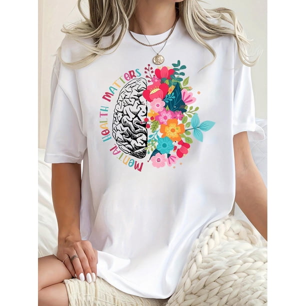Camiseta Para Mujer De Verano Con Cuello Redondo Para Mochilero, Viajes, DesplazamientosWomen's Fun Floral & Letter Print T-Shirt - Casual Crew Neck, Short Sleeve, Stretchy Polyester Blend, Machine