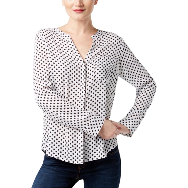 INC Camisa con botones de lunares para mujer, blanca, pequeña I-N-C Camisa con botones