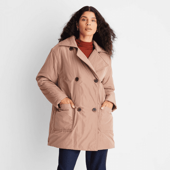 = with Reese Women's Notched Lapel Double Breasted Puffer Coat - (Tan, 1X)