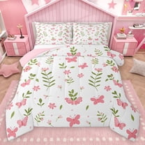 Homewish Cartoon Butterflies Bedding Comforter Set,Rustic Plant Leaves Twin Comforter Sets,Pink White Green Bedding Set For Girl Teens,Breathable Home Decor Reversible,2-Piece