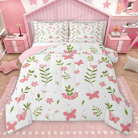 Homewish Cartoon Butterflies Bedding Comforter Set,Rustic Plant Leaves Twin Comforter Sets,Pink White Green Bedding Set For Girl Teens,Breathable Home Decor Reversible,2-Piece