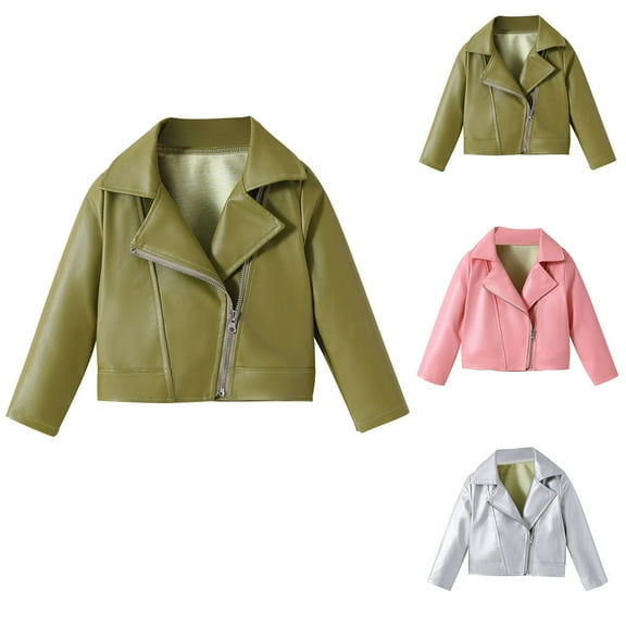 CYRBOKO Leather Jackets for Girls, Full Zip Turndown Lapel Winter Long Sleeve Casual Fall Outerwear Green Size 8 T