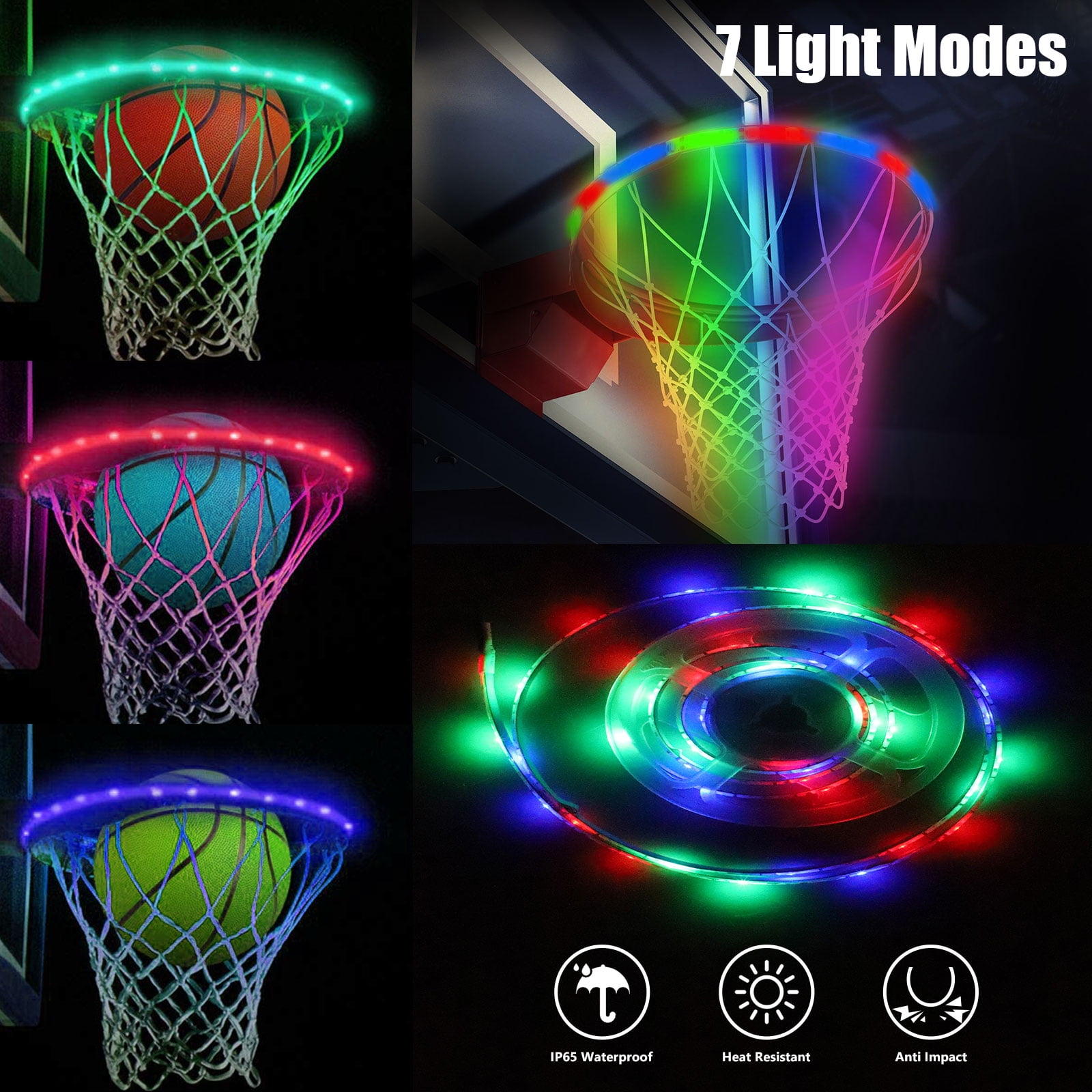 Cawbing LED Basketball Hoop Lights Basketball Rim LED Solar Light for Kids Adults Parties and Training,Color Shot Sensing Action for Playing at Night Outdoors