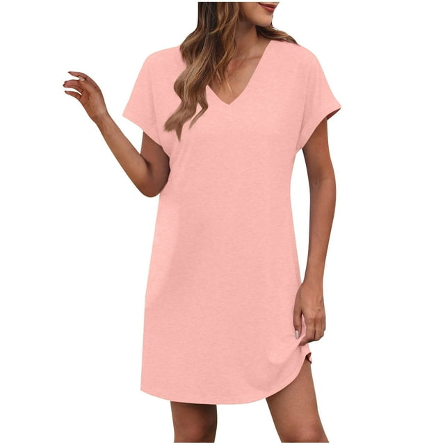 LOVZFMLL Robes d'Été pour Femmes T-Shirt Décontracté Ample Robe Droite Col en V Manches Courtes Basique Tenues Quotidiennes Rose A L