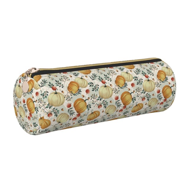 Disketp Autumn Pumpkins Leaves Estuche Organizador de Lápices de Cuero, Estuche de Oficina con Cremallera para Bolígrafo y Lápiz