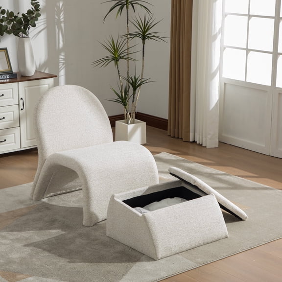 24.8" Wide Accent Chair with Storage Ottoman, Modern Chenille Uplostered Chair, Beige