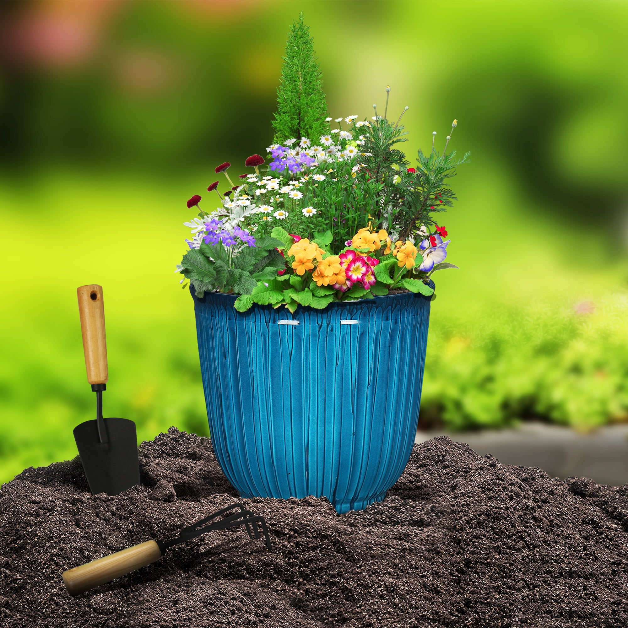 night-time, garden, multicolored flowers, flower pot