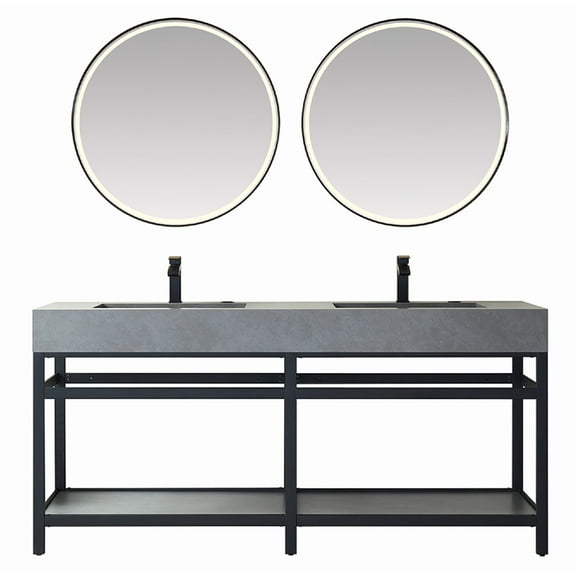 Vinnova Bilbao 72" Gray Stone Top Double Sink Vanity Matte Black Frame w/ Mirror
