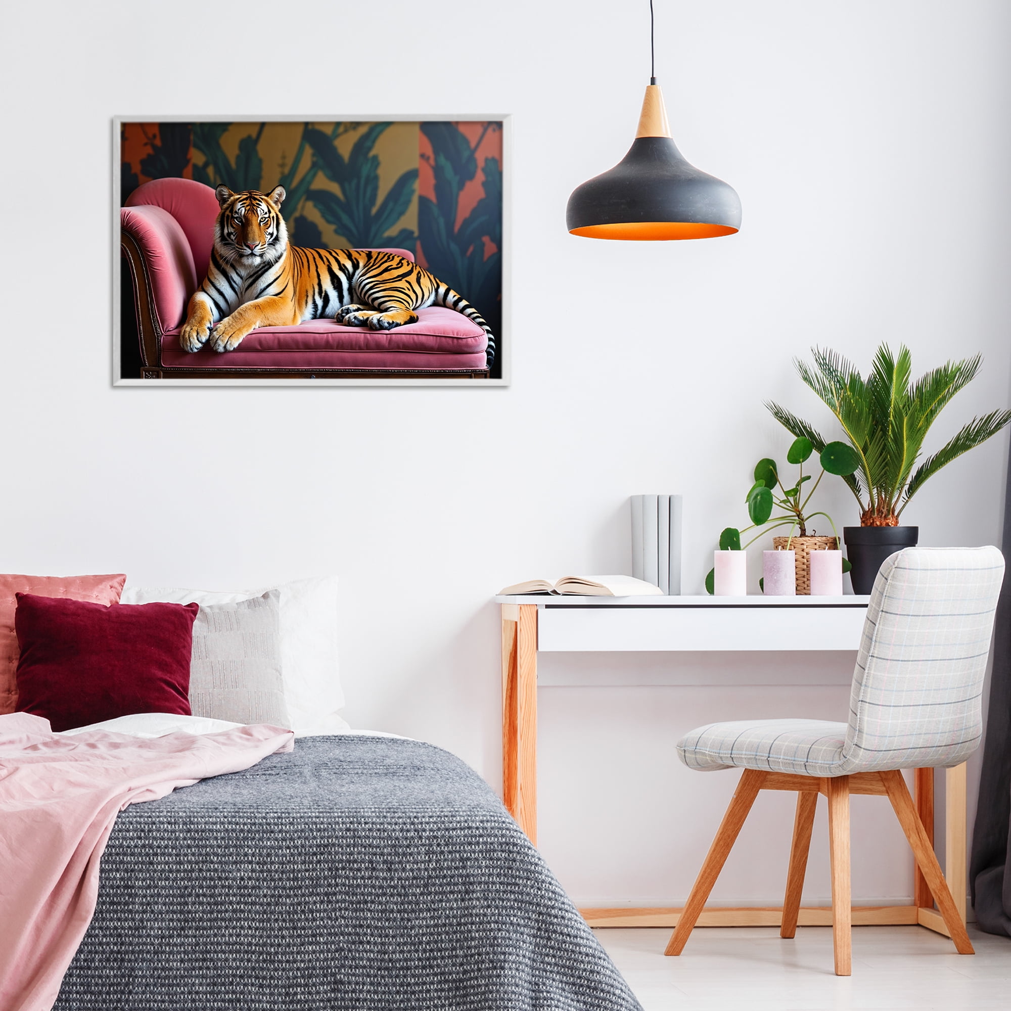 Exotic Tiger Lounging White Framed Giclee Art, design by Lettered and Lined
