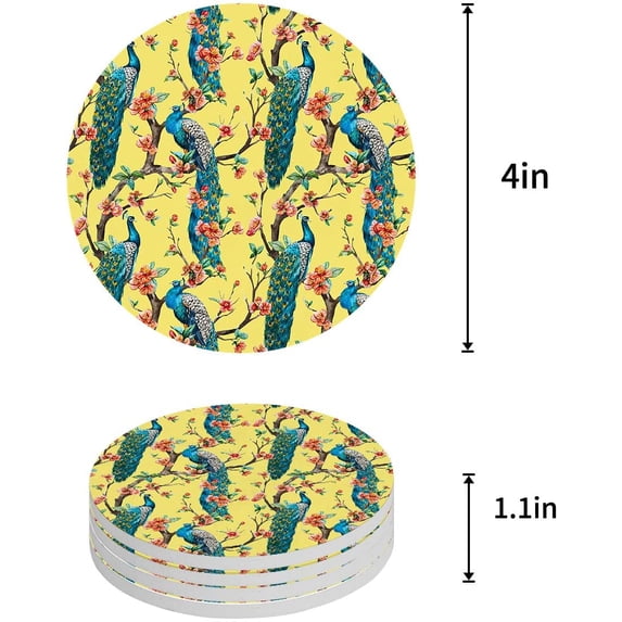 FMSHPON Peacock Set of 8 Round Coaster for Drinks, Absorbent Ceramic Stone Coasters Cup Mat with Cork Base for Home Kitchen Room Coffee Table Bar Decor