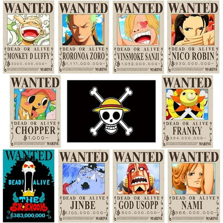 11 PCS Anime [OP] Wanted Bounty Posters, Nika Luffy 3 billion Updated Bounty Edition, 10 Straw Hat Pirates Crew Zoro, Sanji, 1 PC [OP] Flag (15×11in)