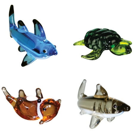 BrainStorm Looking Glass Miniature Glass Figurines, 4-Pack, Tip Shark/Sea Turtle/Otter/Great White Shark