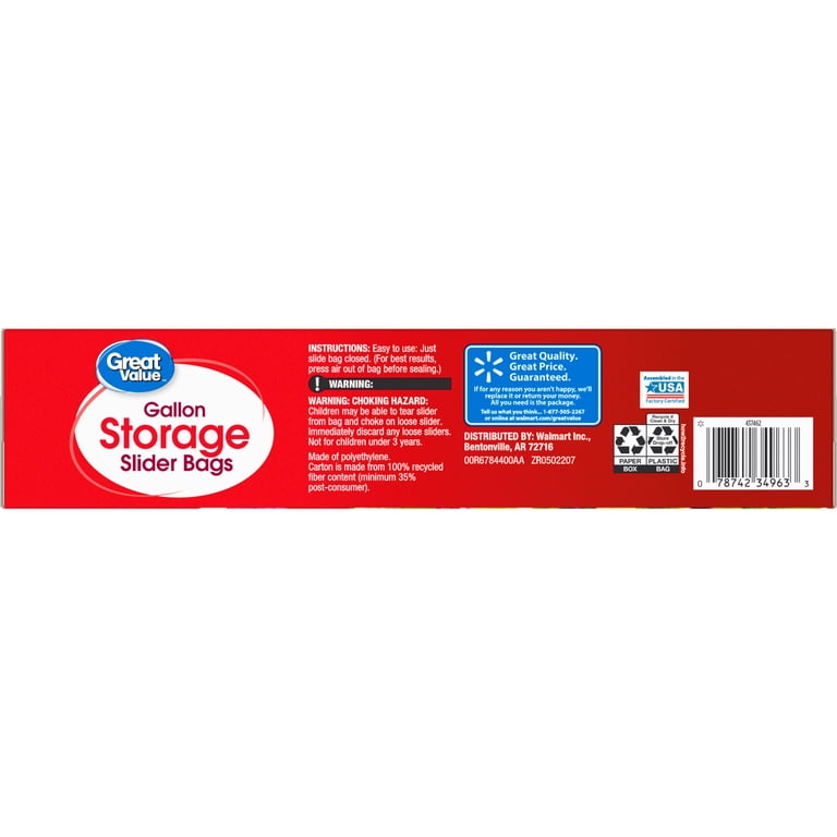 Great Value Gallon Storage Zip Lock Bags, Slider Zipper Organizers