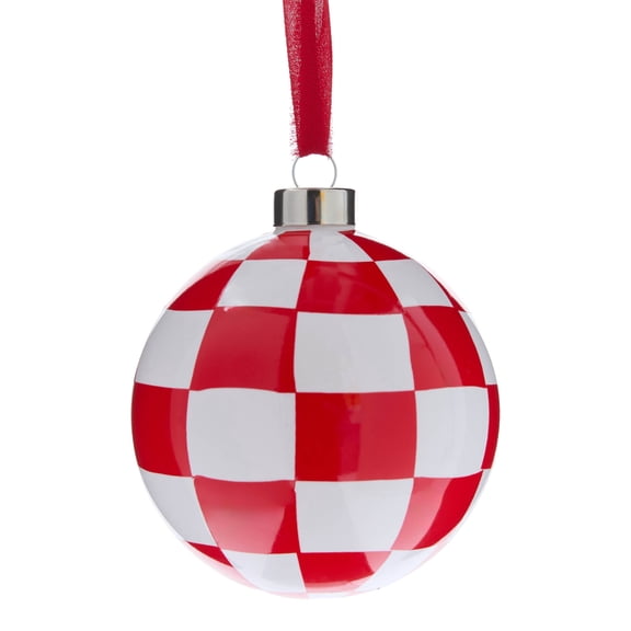 Red and White Checker Ball Glass Christmas Ornament, 3.8", by Holiday Time