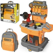 Toy Tool Bench, Backpack 2 in 1 Toddler Workbench Including Rotatable Simulated Chainsaw, Detachable Toddler Tool Box and Easy to Store, Toy Tool Sets for Boys