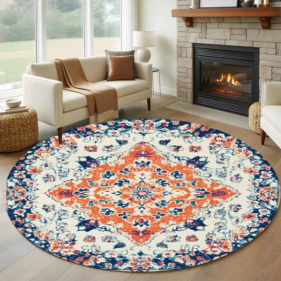Boho Orange Blue Round Area Rug 5 FT, Non Slip Bedroom Rugs, Ethnic Vintage Geometric Art Boho Washable Soft Circular Carpet Non-Shedding Floor Mat for Kitchen Dining Room Foyer Balcony Dorm