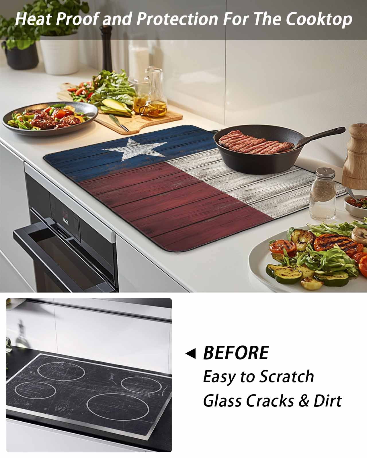 Stove Top Covers for Electric Stove, Vintage Star Country Glass Stovetop Cover Protector, American Flag Blue Red Induction Cooktop Protector Oven Mat for Kitchen Countertop 24"x21"