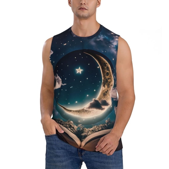 Fotbe Artistic Starry Sky Moon Book Men's Camiseta sin Mangas Estampada para Hombres, Playera Casual para Gimnasio, Entrenamiento, Playa-3X-Large