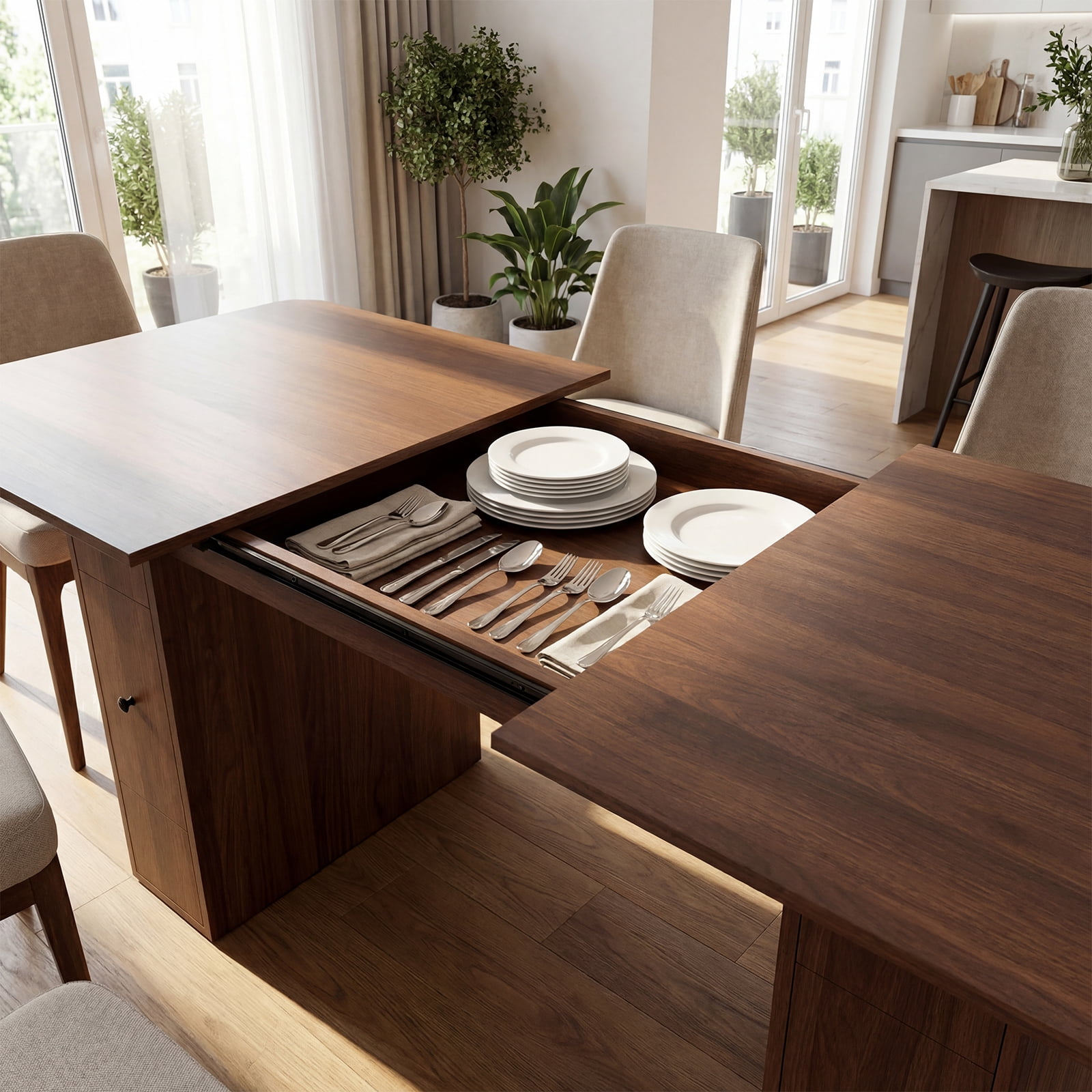 Advwin Extendable Dining Table for 6-10 People, 63" to 79" Space-Saving Folding Table with 4 Storage Drawers, Modern Rectangular Wooden Expandable Table for Dining Room, Kitchen, Office, Walnut