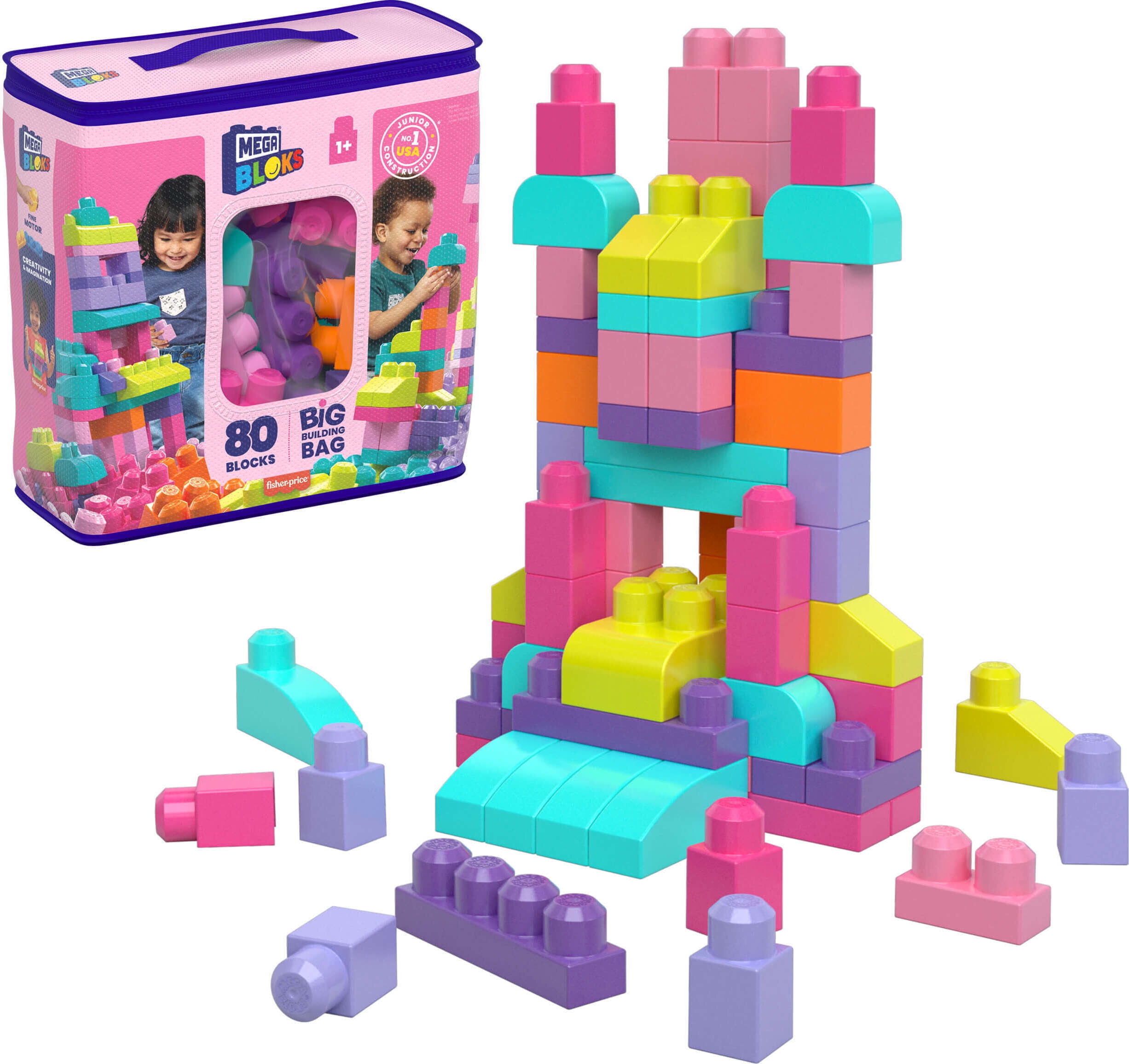 Tomar conciencia Corbata binario MEGA BLOKS Fisher-Price Toy Blocks Pink Big Building Bag with Storage (80  Pieces) for Toddler - Walmart.com