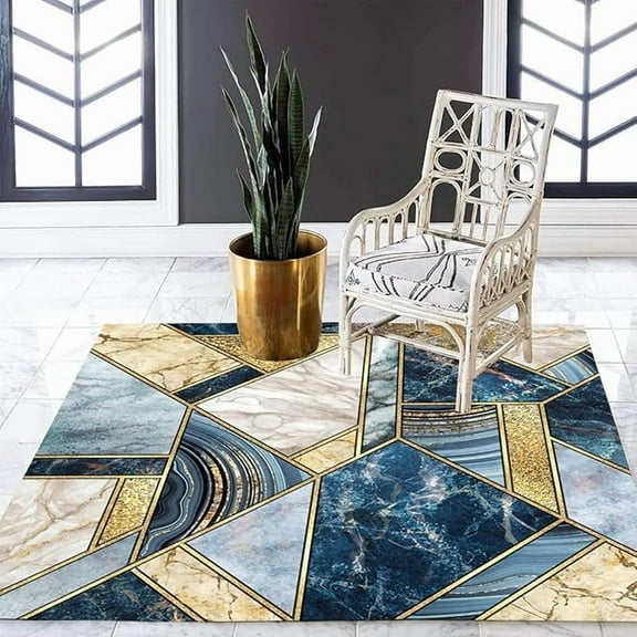 Geometric Pattern Area Rug Blue Gold Beige Marble Abstract Carpet For Living Room Bedroom Guestroom Washable Soft Rug Under Dining Table Indoor Kitchen Laundry Runner Rug 4 x 5ft