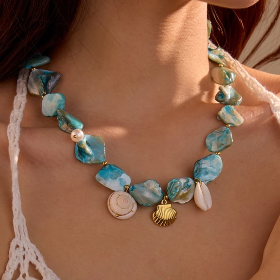 NICKSUN 18K Gold Plated Stainless Steel Ocean Style Irregular Shell Conch Necklace, Natural Abalone Shell Beaded Beach Vacation Clavicle Jewelry for Women