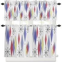 3 Piece Mid Century Modern Kitchen Curtains, Tier and Valance Rod Pocket Window Curtains Set Purple Yellow Red Diamond Cafe Curtains for Kitchen Valances Window Treatment 54X18in 27x24in×2