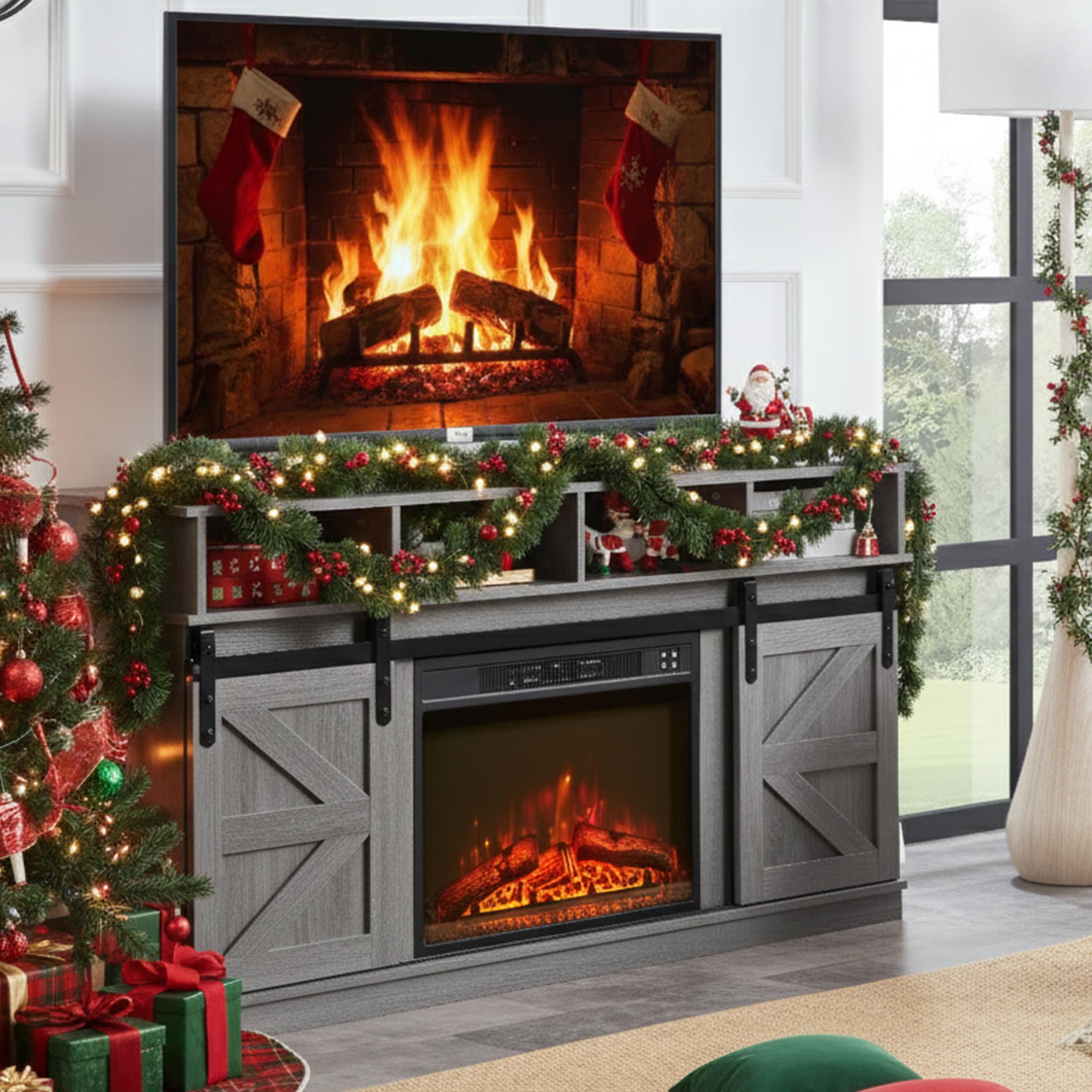 SESSLIFE Fireplace TV Stand for 65 Inch TV, 29.4'' Tall Farmhouse TV Stand with Shelves, Entertainment Center with 3D Flame Electric Fireplace Heater, Gray