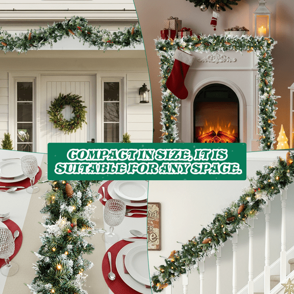 2-Pack 9FT Pre-Lit Snow Flocked Christmas Garlands, 440 Branch Tips, 200 Warm White LEDs for Indoor/Covered Outdoor (Mantel/Staircase)