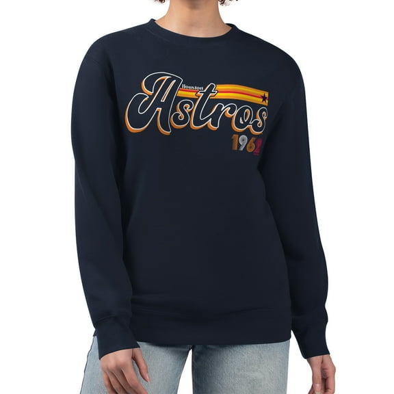 Women's Starter Navy Houston Astros Groovy Script Team Fleece Pullover Sweatshirt