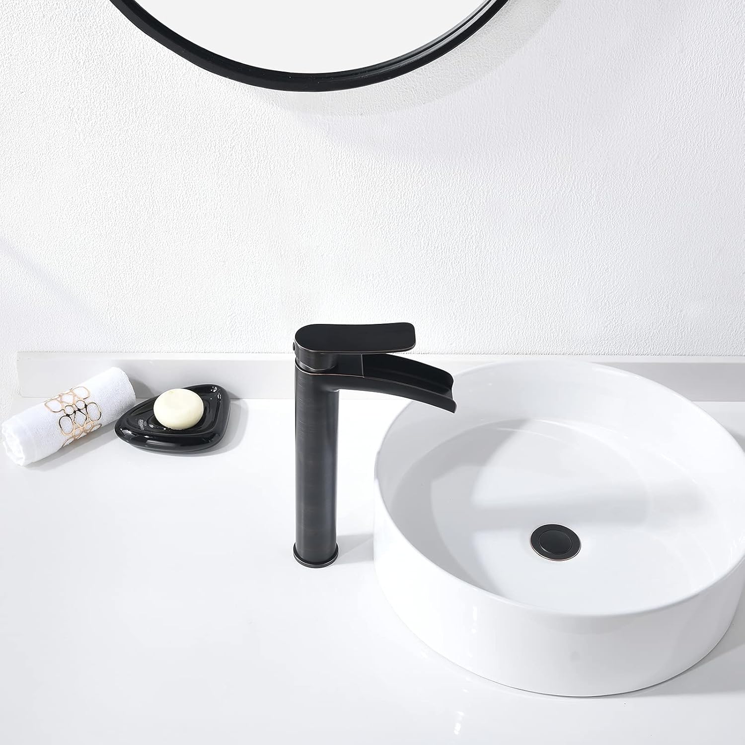 Tall Bathroom Vessel Sink Faucet, Single Hole Single Handle Waterfall Oil Rubbed Bronze Bathroom Faucet, with Metal Pop Up Drain and Water Supply Lines