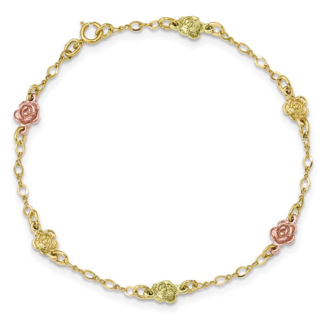 10k Tri Color Gold Black Hills Roses Chain Charm Bracelet Flower