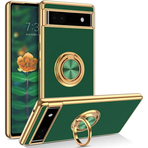 for Google Pixel 6A Case with Ring Holder Kickstand 360 Degree Rotation Magnetic Car Finger Soft TPU Slim Cover Shockproof Full Body Protective Phone Case for Google Pixel 6a 6.1", Dark Green