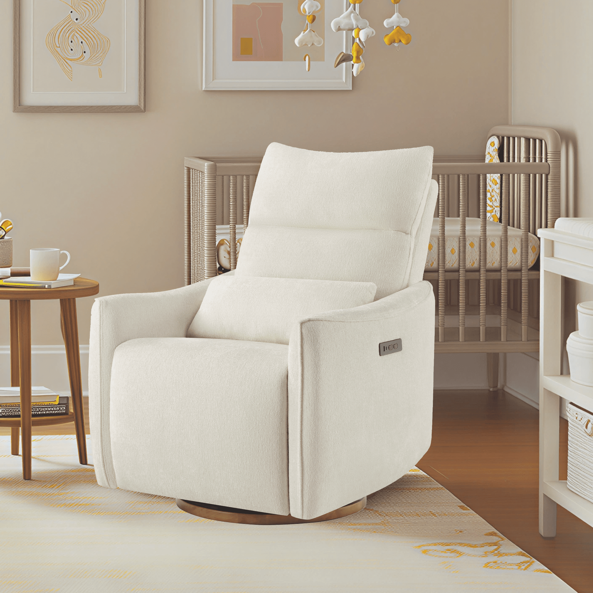 Spruce & Spring Dual-Motor Power Swivel Recliner with Lumbar Pillow for Nursery & Living Room, Cream