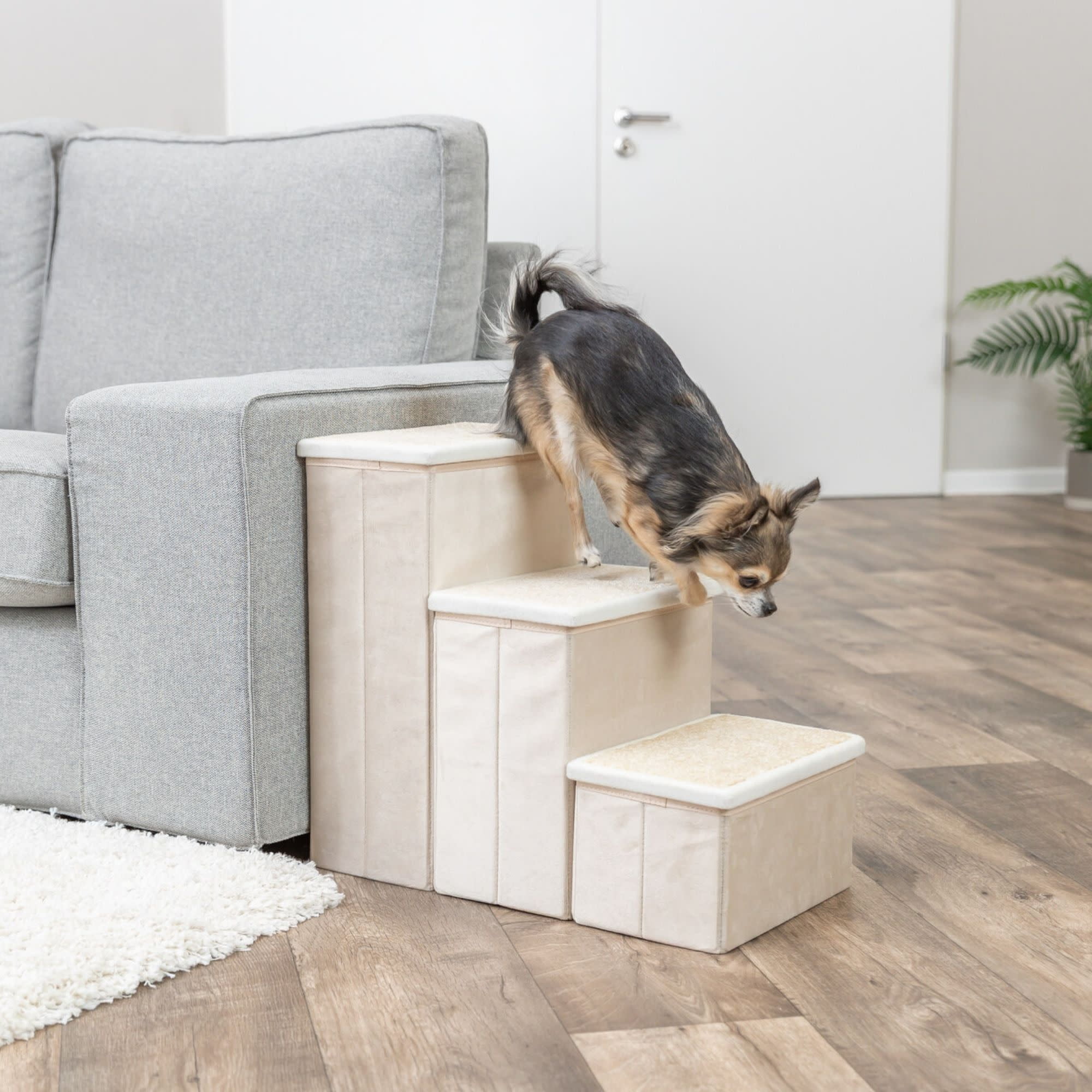 TRIXIE 3-Step Foldable Velour Pet Stairs with Storage, Beige