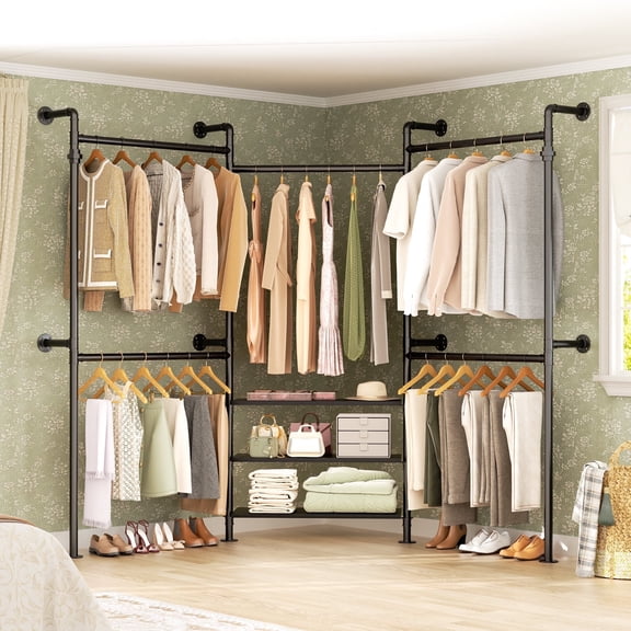 Homieasy 84"-128" Adjustable Metal Pipe Clothing Rack Wall-Mounted,Industrial Garment Rack with 3-Tier Wooden Shelves,Heavy-Duty 1000LBS Capacity, L-Shaped/Straight Design,Black