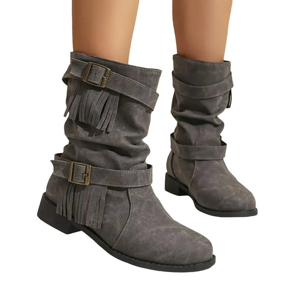 Chenyee Fringe Boots for Women Vintage Suede Flat Buckle Strap Slip On Mid Calf Dress Ankle Booties