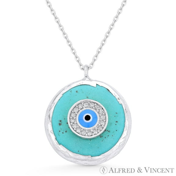 CZ Crystal Evil Eye Charm on Faux Turquoise Circle Pendant & Chain in .925 Sterling Silver